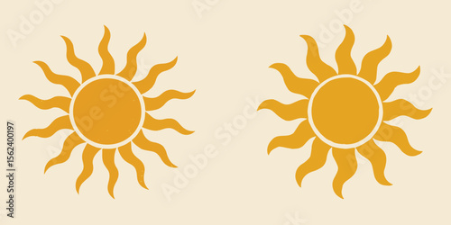 Sun groovy retro elements set. Organic abstract wavy shapes and vintage grainy stippling texture. Modern retro Matisse style vector illustration