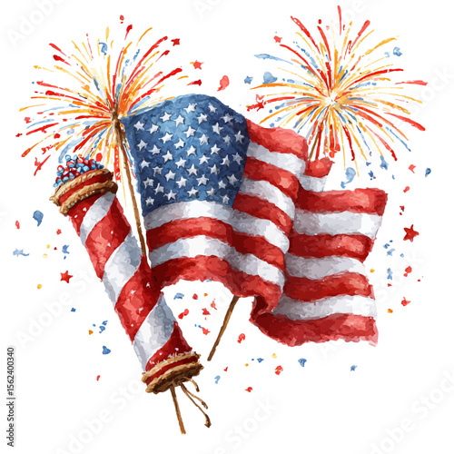 Fourth of July fireworks illuminate the night sky, celebrating USA Independence Day with patriotic red, white, and blue American flag stars and stripes