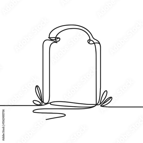 Single-line drawing of a gravestone with floral accents  
