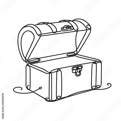 Simple line drawing of an open treasure chest on white background  