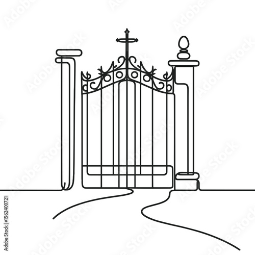 Ornate cemetery gate with pathway leading toward the entrance, concept of funeral  