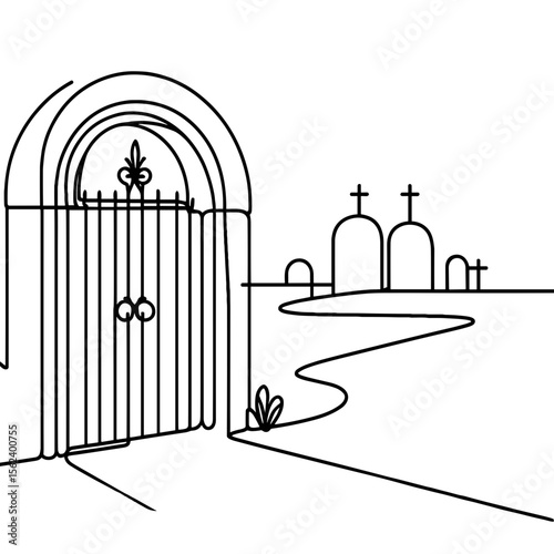 Cemetery gate with pathway leading to gravestones in minimal style  