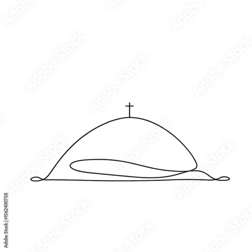Line drawing of a burial mound with a cross on top, concept of funeral  
