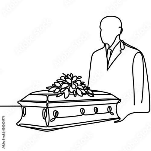 Line art depiction of a man standing by a coffin with flowers - Concept funeral procession