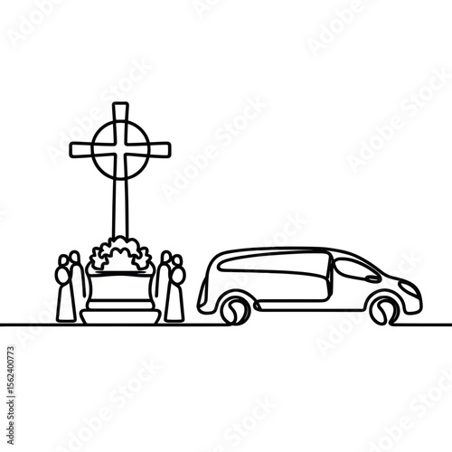 Funeral procession with mourners by the grave and hearse nearby  
