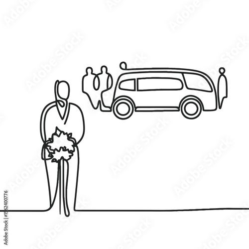 Person holding flowers during funeral procession with vehicle in background  