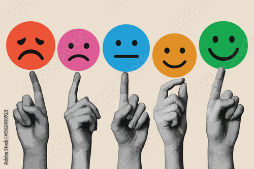 Trendy halftone collage elements set. Hands holding emoji, positive and negative feedback, customer review concept. Paper clipping shapes, cut out modern retro vector illustration