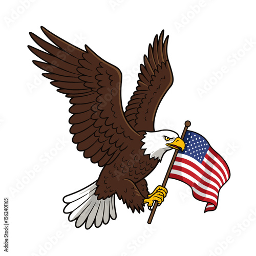 Eagle clutching an American flag wings spread in flight against a white background