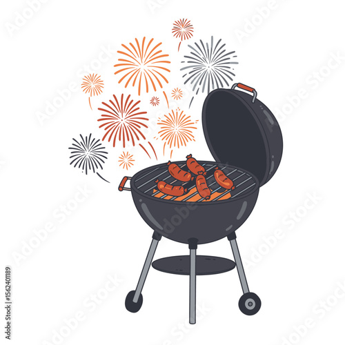 Charcoal grill with sausages and fireworks