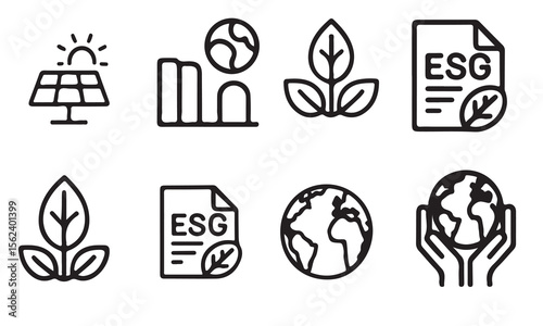 Collection of esg icons representing sustainability and environmental responsibility silhouette isolated on white background