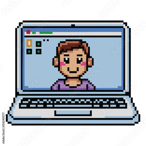 Pixel art laptop displaying a smiling person on a video call