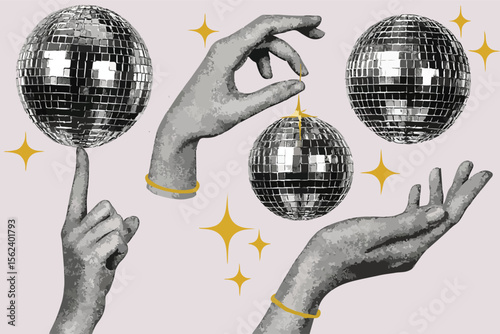 Shiny disco balls and cut out hands halftone collage vector illustration. Set of trendy modern retro elements with gold glitter star decoration isolated on transparent background