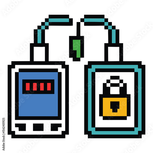 Pixel art of two devices connected by wires one with a battery indicator and the other with a lock