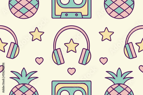 Colorful Retro Vintage Music Icons Cassette Tape and Pineapple Pattern