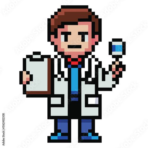 Pixel art doctor holding a clipboard and a vial of medicine