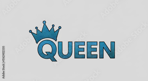 Flat blue queen text with stylized crown on gray background