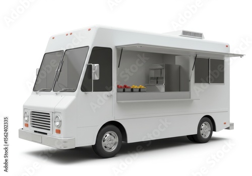 A white food truck with open service windows and fruit is isolated on white background