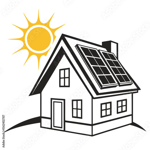 Solar Panel House Logo  Eco-Friendly Home Energy Symbol with Sun and Roof Panels for Renewable Power and Green Technology Branding