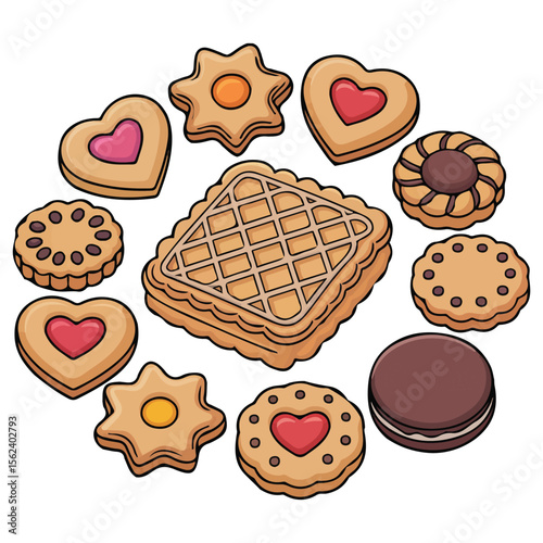 Assorted holiday cookies with jam and cream vector dessert