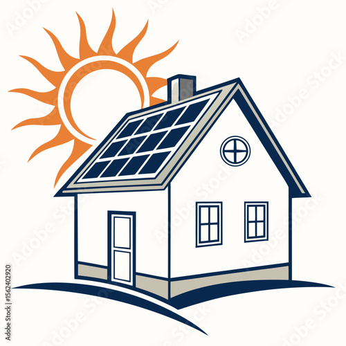 Solar Panel House Logo  Eco-Friendly Home Energy Symbol with Sun and Roof Panels for Renewable Power and Green Technology Branding