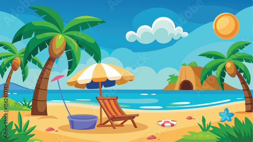 Cartoon Beach Scene with Palm Trees, Umbrella, Chair, and Ocean View Illustration