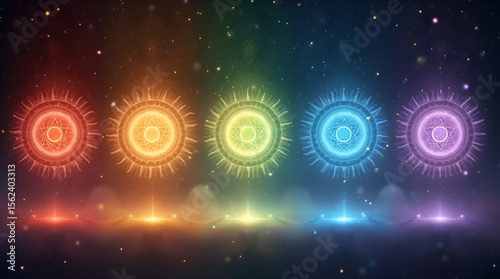 Seven Chakras Mandala Art with Sacred Geometric Symbols, Spiritual Energy Centers, Healing Meditation, Cosmic Light Vibration for Yoga and Mindfulnes