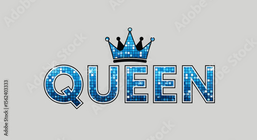 Text of a shiny blue queen with a black crown on a gray background