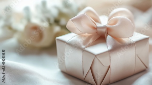 Delicate satin ribbon beautifully tied around a bridal shower favor box on a soft white tablecloth illuminated by natural light