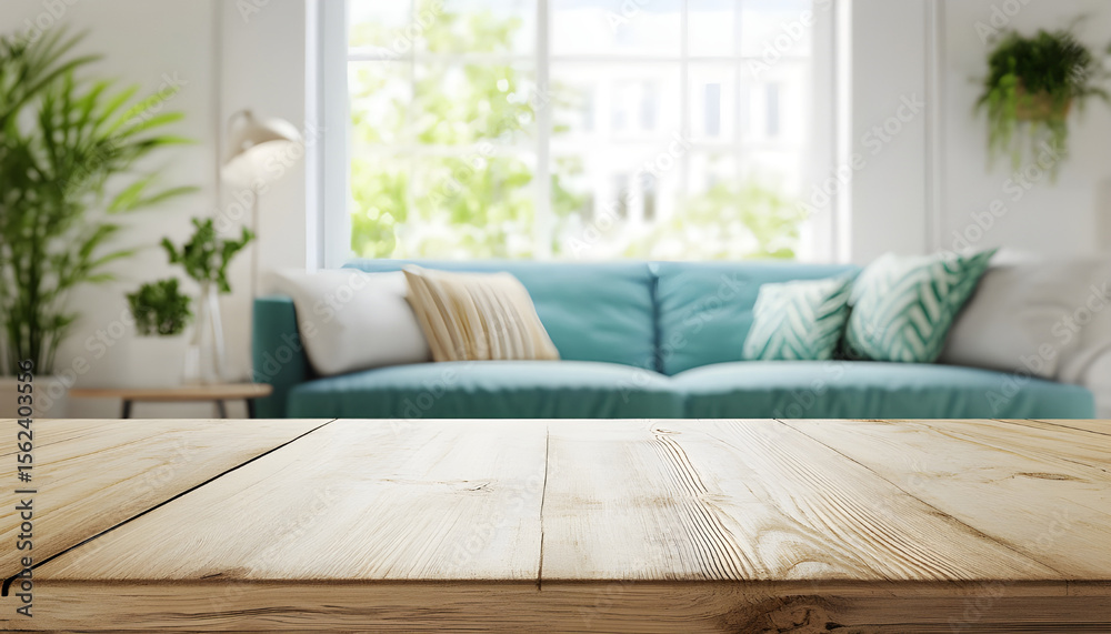 Fototapeta premium Empty wooden table in beautiful living room. Space for design