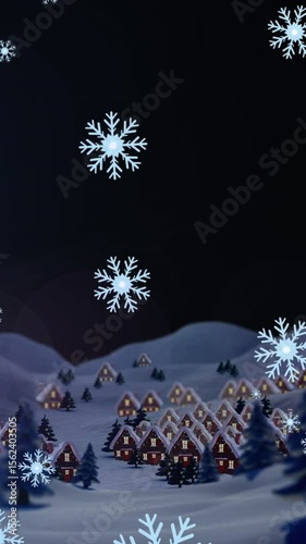 Animation of snow falling over village, trees and mountains at christmas