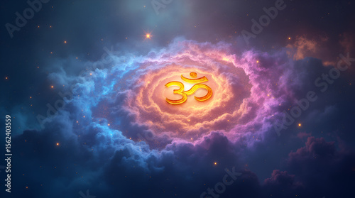 Fiery Om Symbol on Glowing Solar Sphere with Cosmic Rings, Spiritual Energy, Meditation, Hindu Mantra Art, Vibrant Celestial Power for Yoga Healing