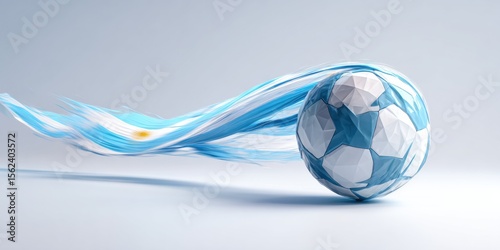 Soccer ball with Argentina flag curves mid-air, wind trail effect, clean ad-ready composition