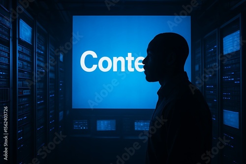 Silhouette of a man in front of a blue screen with Content text standing in a data center full of servers representing digital monitoring Background