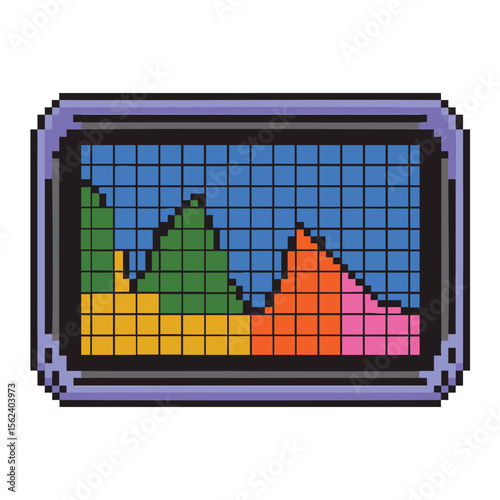 Pixelated graph on a screen showing colorful data visualization with a grid