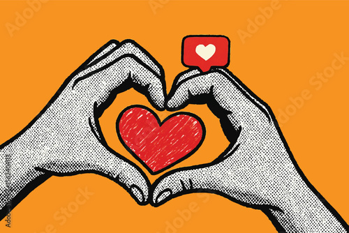 Social media like icons with halftone hands making heart shape collage banner. Modern grunge elements cut out from magazine. Popularity, feedback, influence. Vector illustration