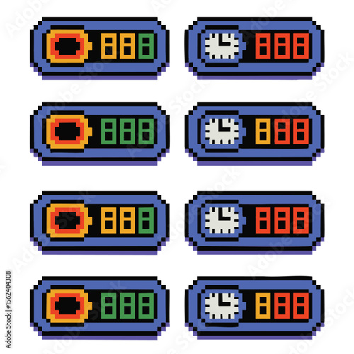 Retro pixel art digital display with clock and number segments