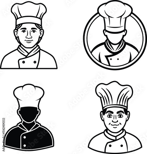 Set of funny cartoon chef icons with cooking hats and kitchen uniforms vector illustration