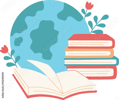 Global education with open and stacked books
