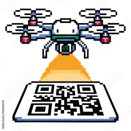 Pixel art drone scanning a qr code with a light beam