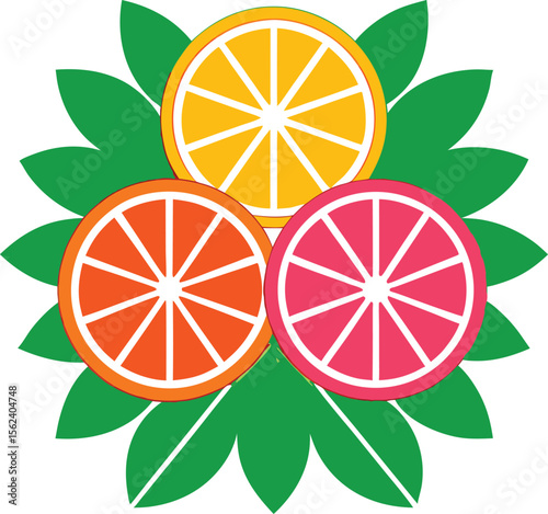 A vibrant illustration featuring three colorful citrus fruit slices including an orange slice a grapefruit slice and a lemon slice arranged with green leaves isolated on transparent background