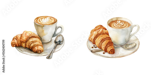 coffee and croissant watercolor vector illustration
