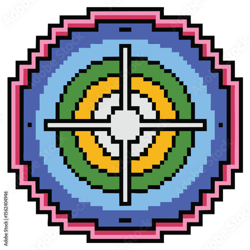 Pixel art target symbol with concentric colorful rings and crosshairs