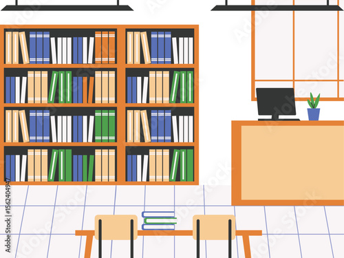 Well-stocked library interior with reading area