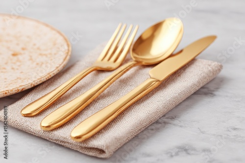flat-lay of elegant cutlery mockup kit gold utensils cloth napkin charger plate on marble surface