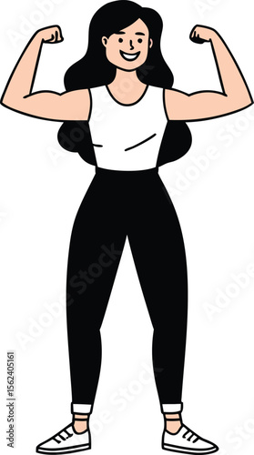 A smiling woman with long dark hair flexing her biceps showcasing her strength and fitness isolated on transparent background