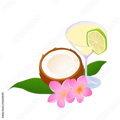 Tropical coconut cocktail with lime slice half coconut pink plumeria flowers and green leaves isolated on white background summer beach exotic vacation drink concept illustration