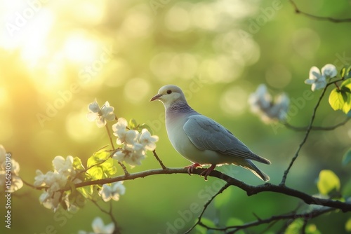 Forest dove sings a morning song in spring among blooming flowers, forest dove sings a song on a spring morning
