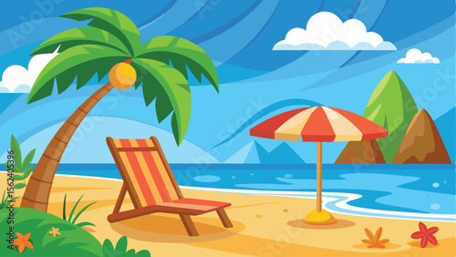 Cartoon Tropical Beach Scene with Palm Tree, Chair, Umbrella, and Mountains in Background