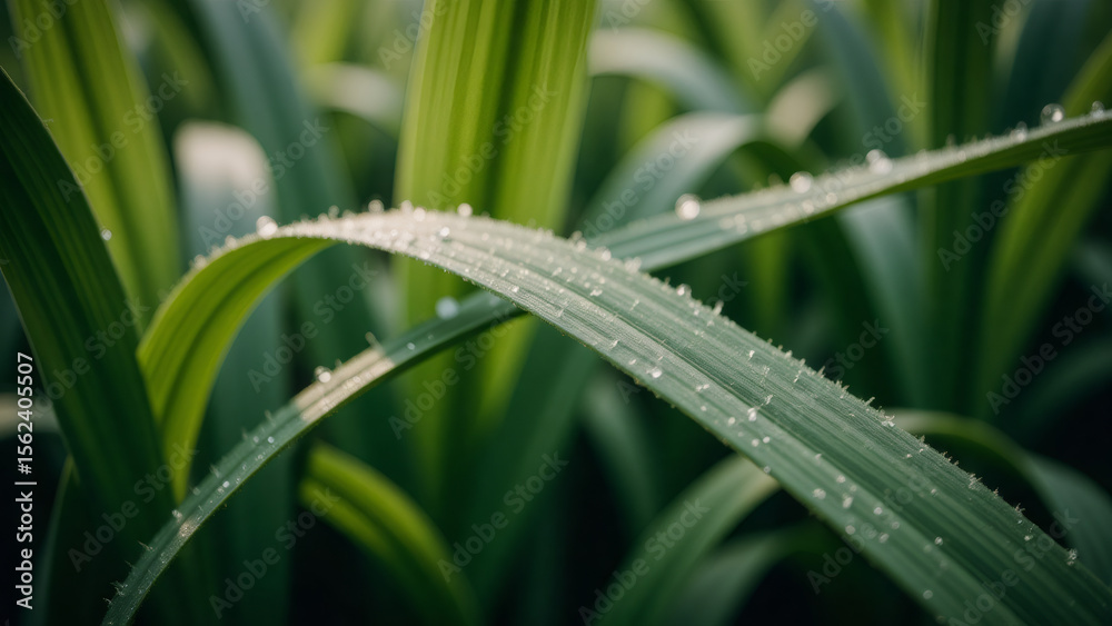Fresh Green Grass Leaves with Dew Drops in Morning Light, Close-Up Fresh Green Grass Leaves with Dew Drops in Morning Light, Close-Up