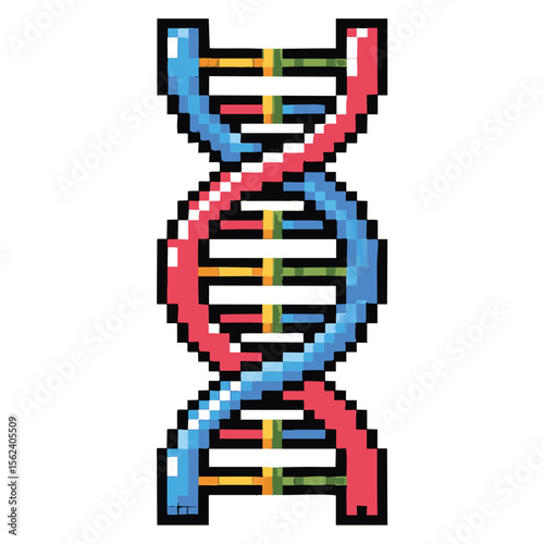 Pixel art representation of a dna double helix with colorful base pairs